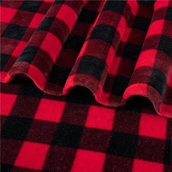 PAVILIA Black and Red Buffalo Plaid Fleece Throw Blanket for Couch, Soft - Picture 5 of 7